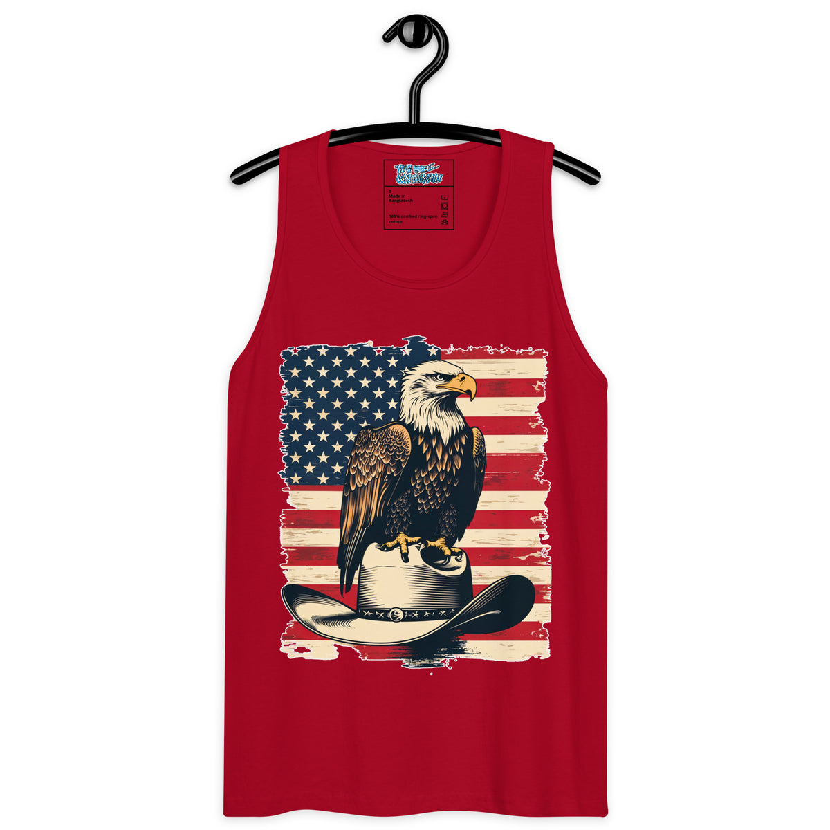 Red tank top with American flag and eagle design on a hanger