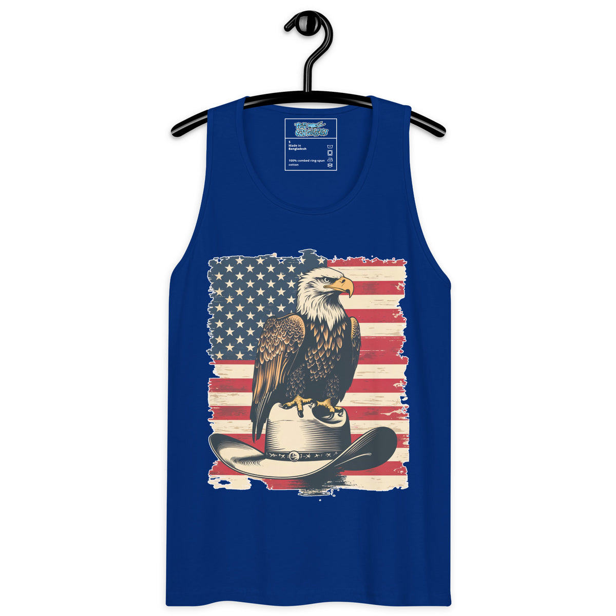 Blue tank top with an eagle and American flag design on a hanger