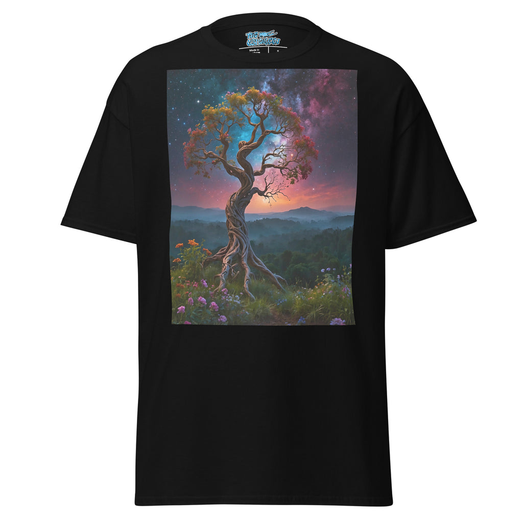 Midnight Bloom Tee featuring a starlit sky, vibrant flowers, and a majestic tree silhouette, capturing the beauty of the night in streetwear style.