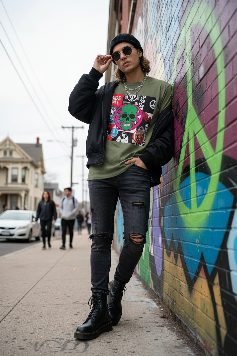 Person wearing Mids Kill black graphic tee with skull and peace symbol in Long Island urban street setting, rebellious streetwear lifestyle photography