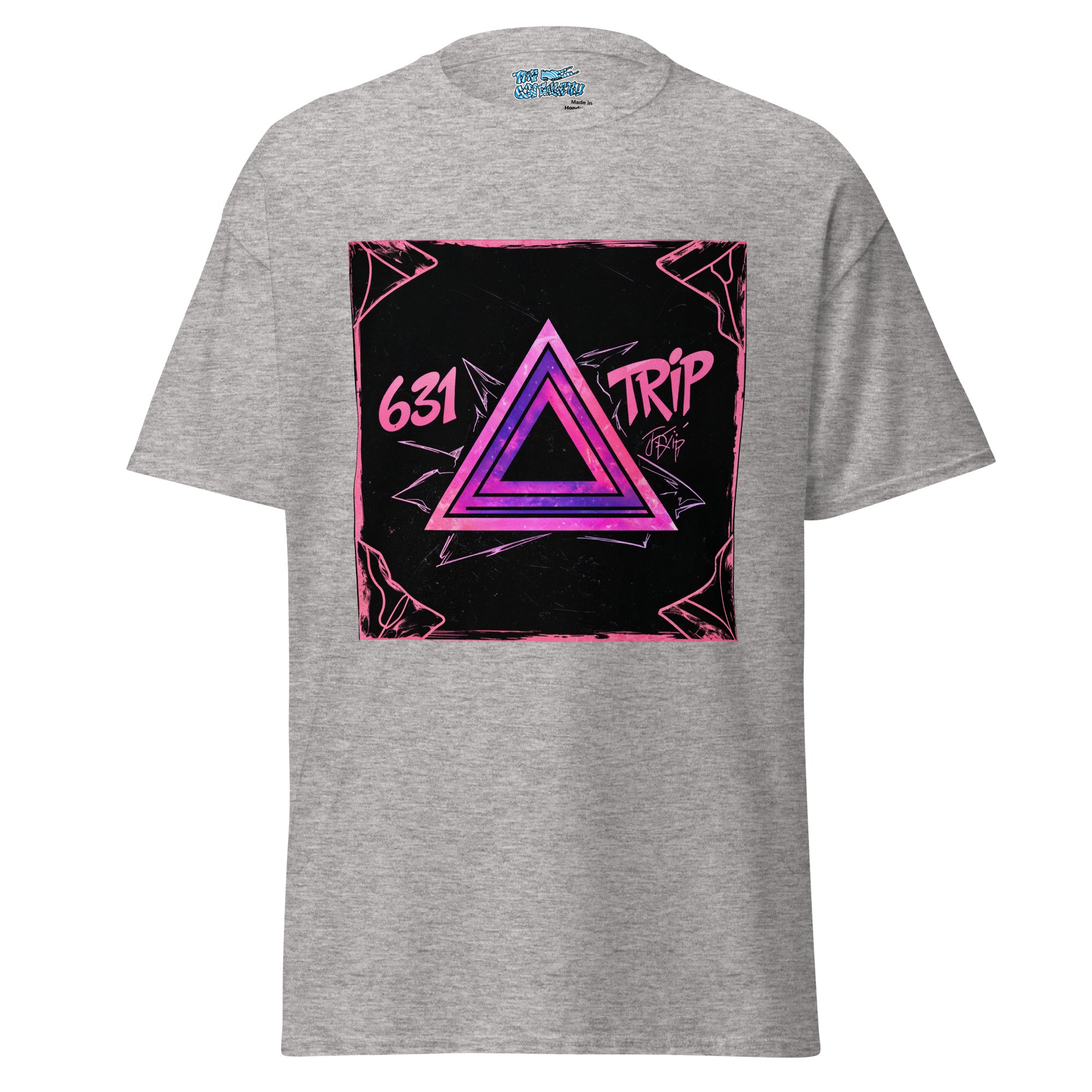 Purple Trip 631 Tee with a clean, minimalist purple triangle graphic, blending subtle psychedelia with local pride for a unique streetwear vibe.