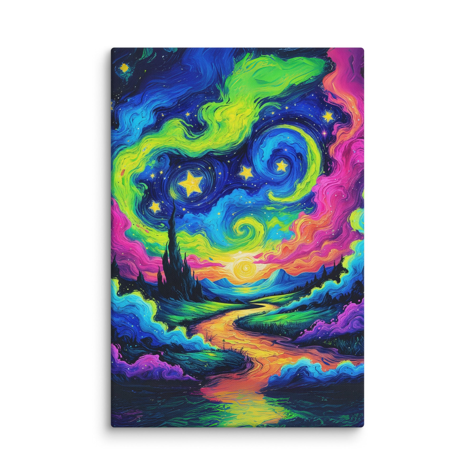 Mystic Skies canvas art, featuring a psychedelic starry night design with vivid colors and cosmic vibes, perfect for dreamers and collectors.
