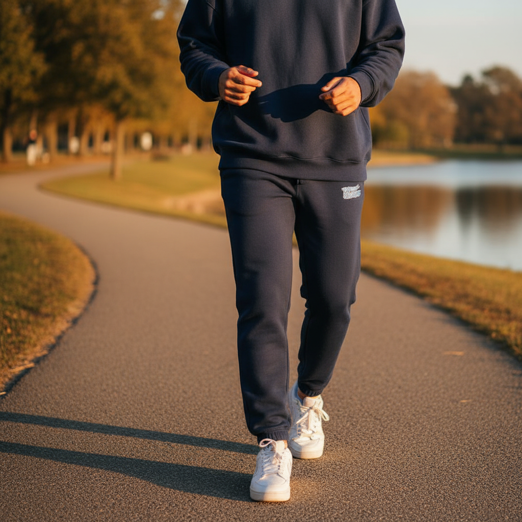 Person wearing The 631 Gallery navy fleece sweatpants in park setting, outdoor casual photography