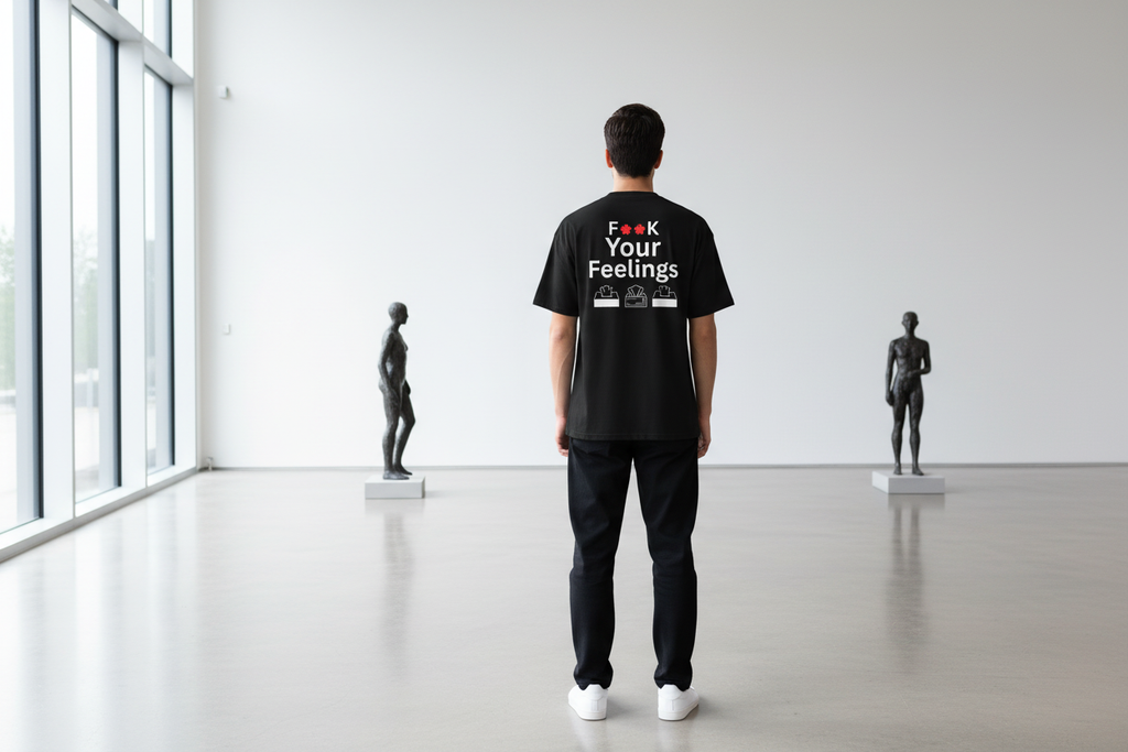 Rear view of model wearing black ‘Tough Love’ tee showcasing the back graphic