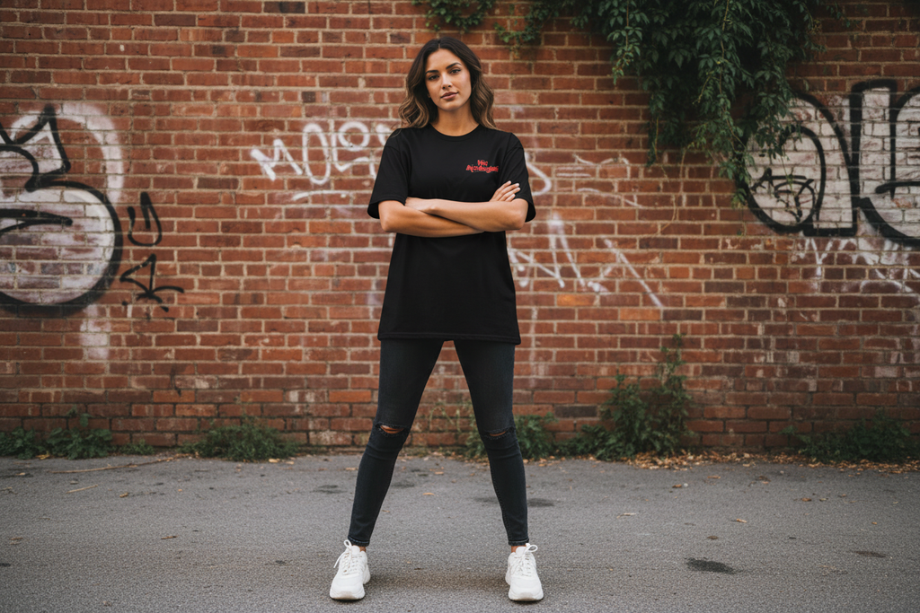 Model wearing black No Apologies x The 631 Gallery ‘Know Your Worth’ graphic tee in a clean modern setting