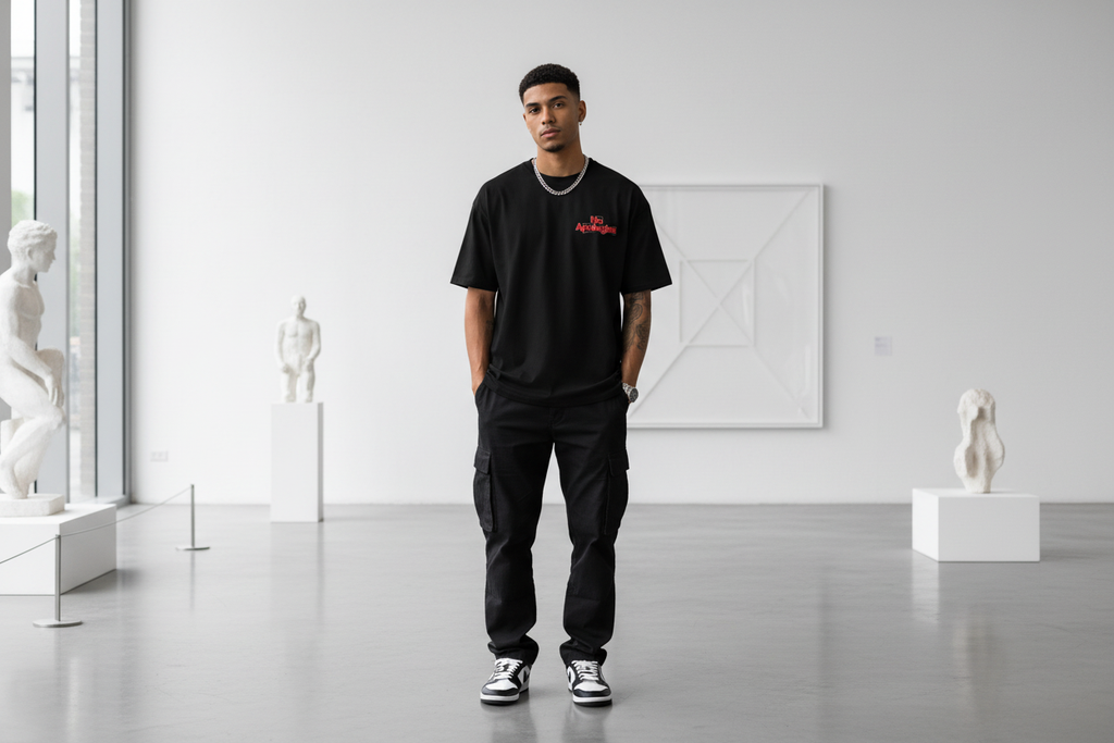 Model wearing black No Apologies x The 631 Gallery ‘Tough Love’ tee in a clean modern setting