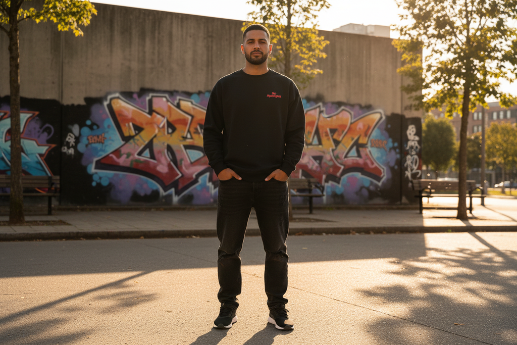 Model wearing black No Apologies x The 631 Gallery ‘No Risk No Reward’ long sleeve in an urban streetwear setting.