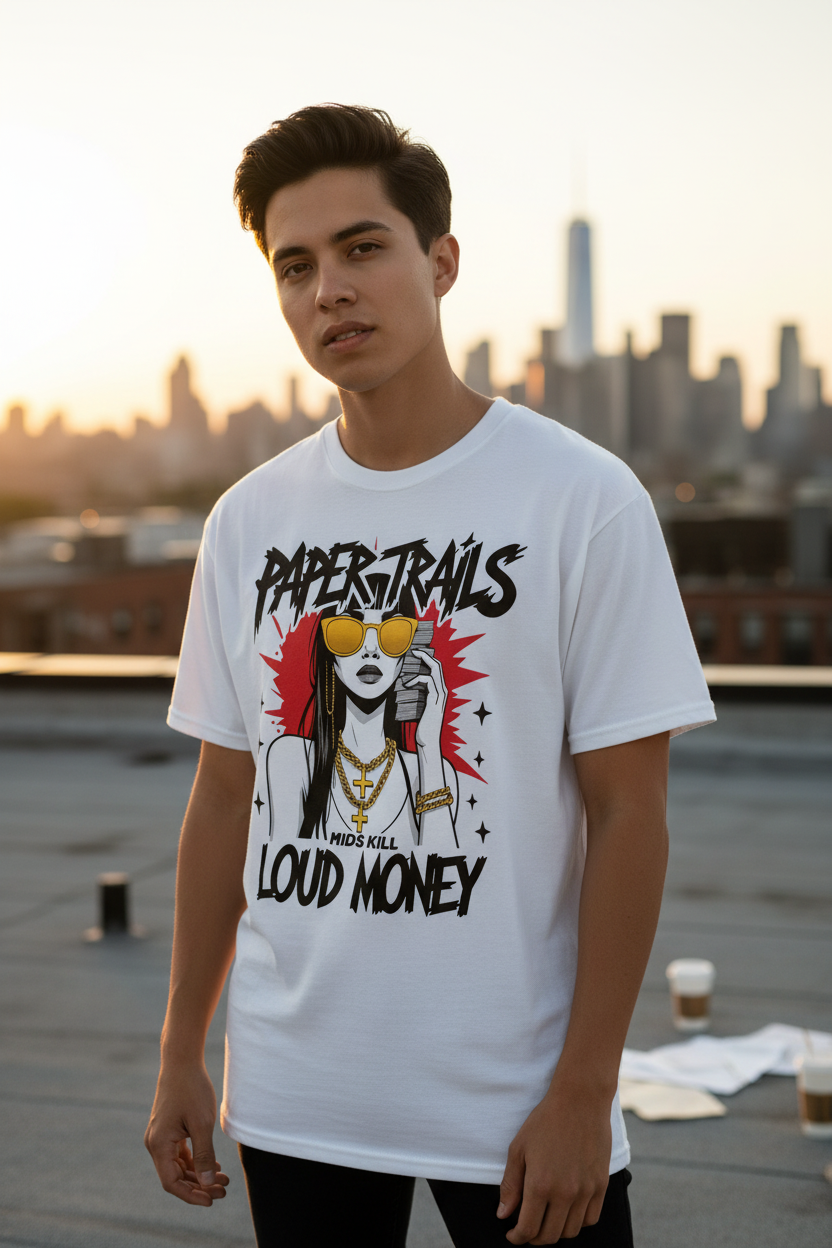 Person wearing Paper Trails Loud Money graphic tee on Long Island rooftop, hustle streetwear lifestyle photography