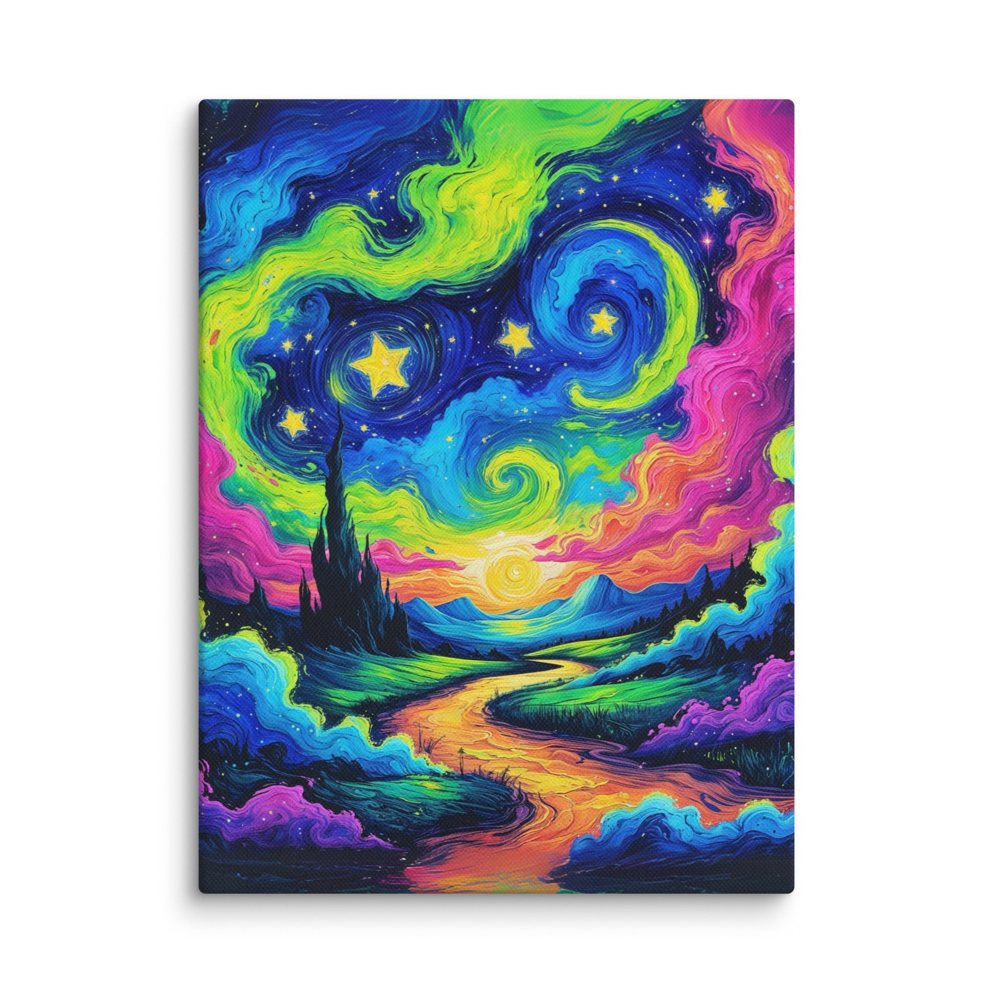 Mystic Skies canvas art, showcasing a vivid starry night with psychedelic colors and cosmic energy, ideal for dreamers and collectors.