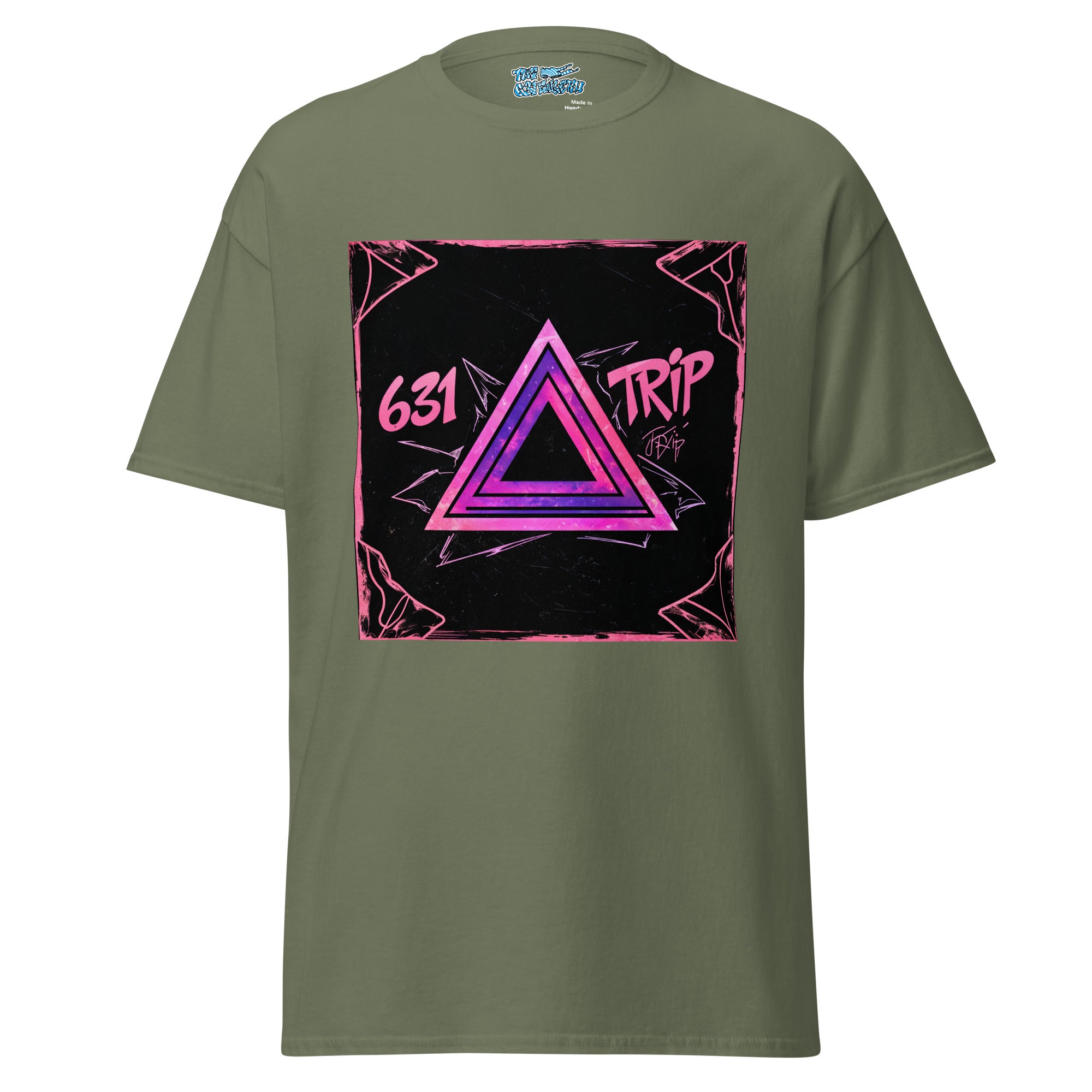 Purple Trip 631 Tee featuring a bold purple triangle graphic, representing psychedelia and streetwear style for dreamers and wanderers.