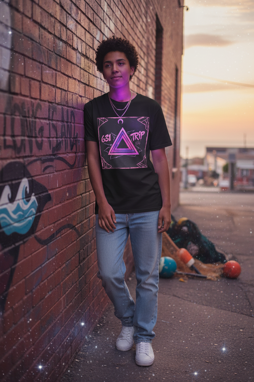 Person wearing Purple Trip 631 graphic tee with minimalist purple triangle design in Long Island setting, cosmic psychedelic streetwear lifestyle photography