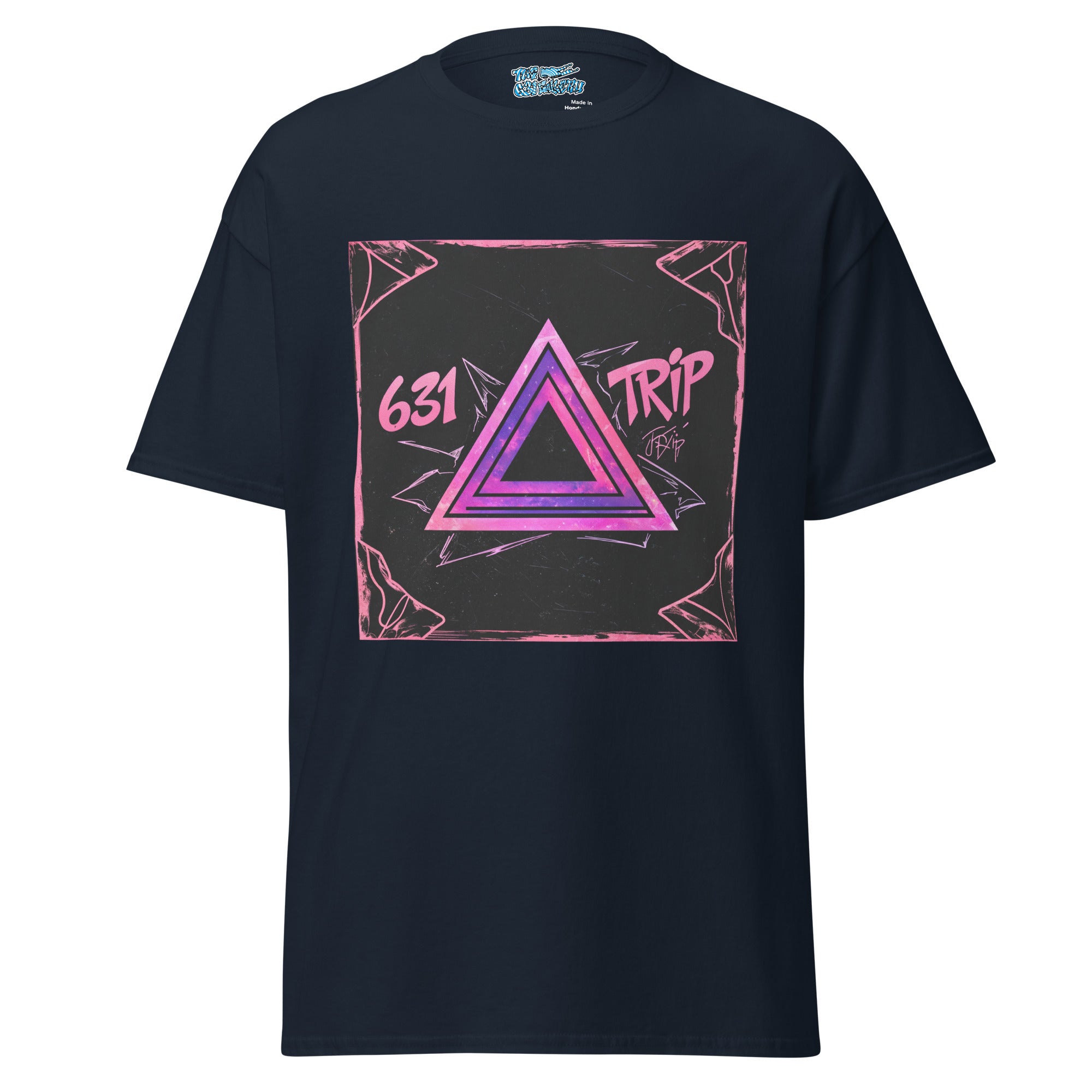 Purple Trip 631 Tee with a sharp purple triangle graphic, combining local pride and subtle psychedelia for a clean, streetwear look.