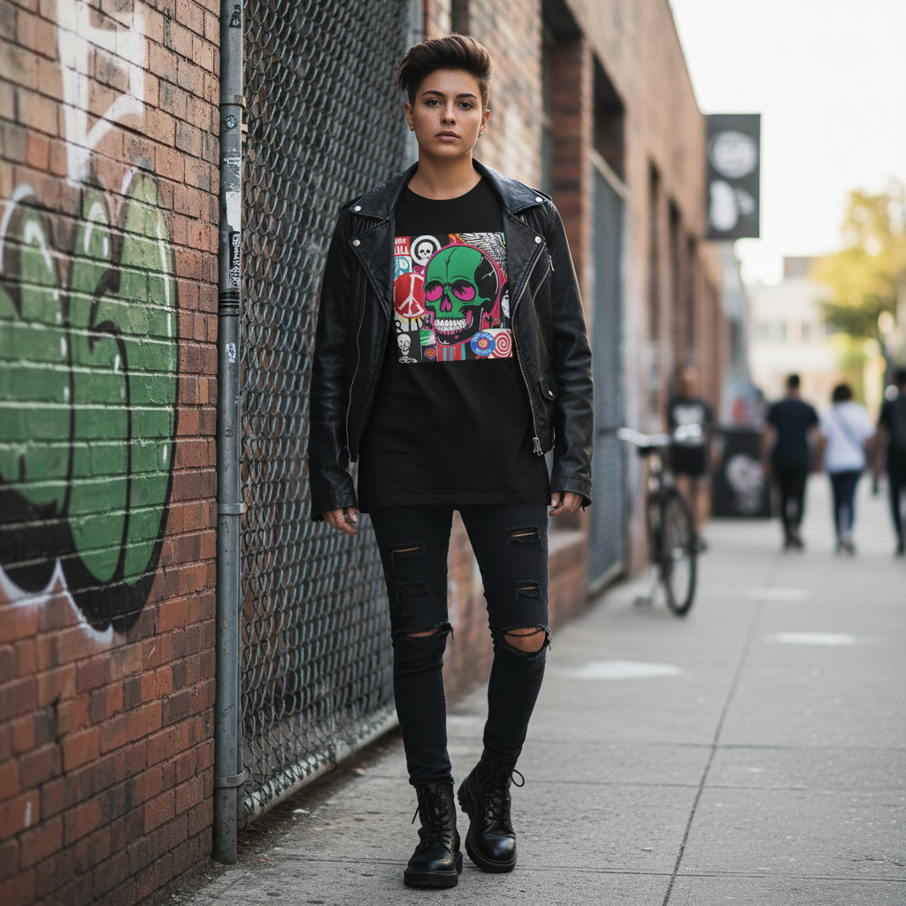 Rebel Truth black graphic tee with bold skull graphic, styled with leather jacket in urban street setting – The 631 Gallery