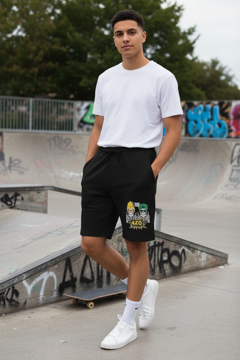 Person wearing Sesh or Die Shorts 2.0 fleece shorts at Long Island skate park, chill vibes streetwear lifestyle photography