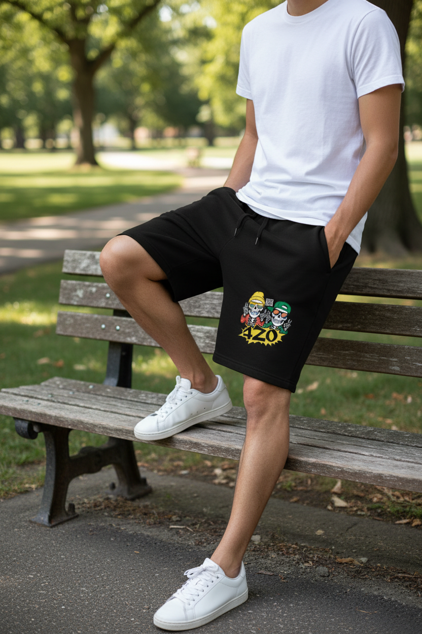 Person wearing Sesh or Die fleece shorts in Long Island park, chill vibes streetwear lifestyle photography