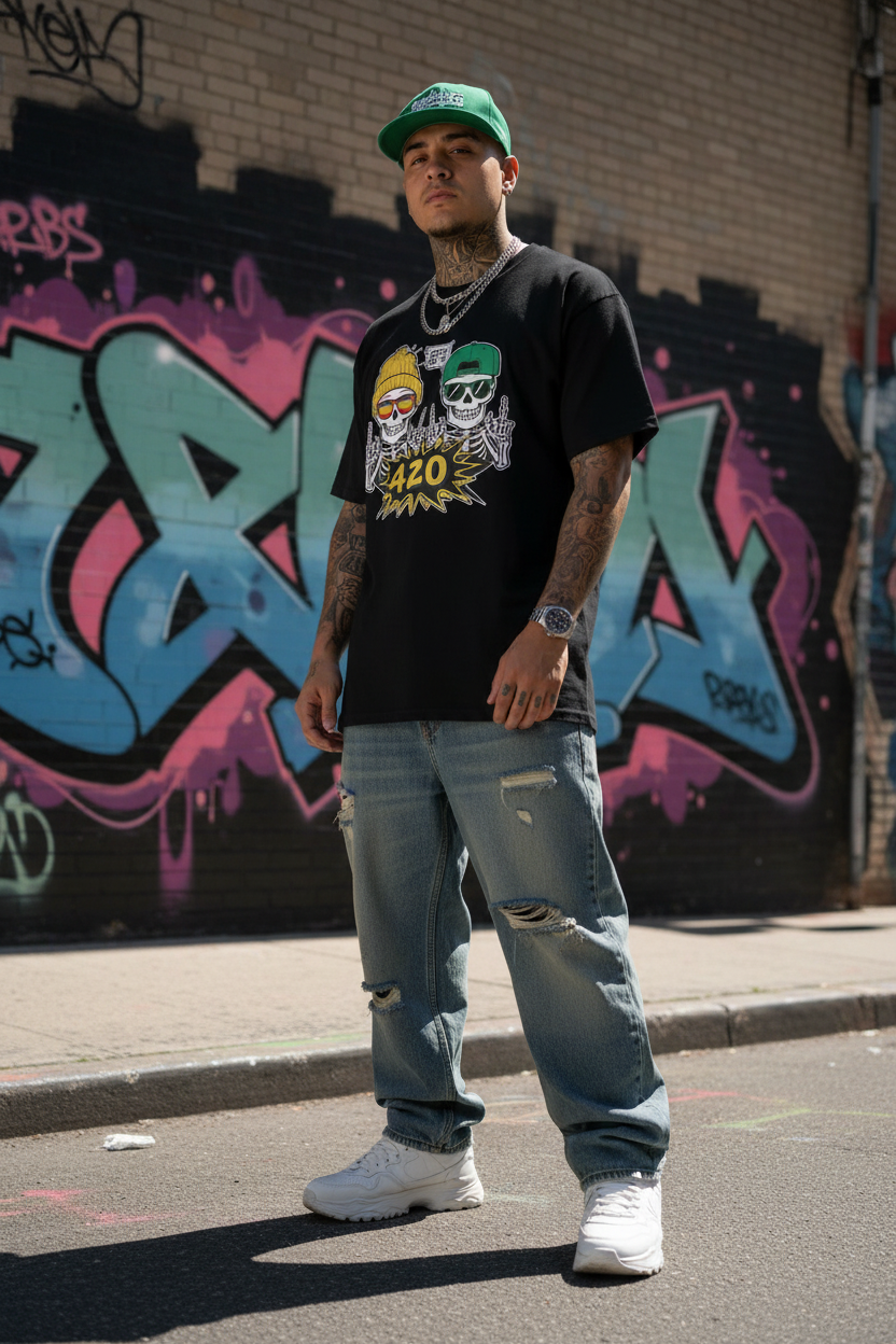Person wearing Sesh or Die Tee 2.0 black graphic t-shirt with bold skull design in Long Island urban street setting, unapologetic streetwear lifestyle photography