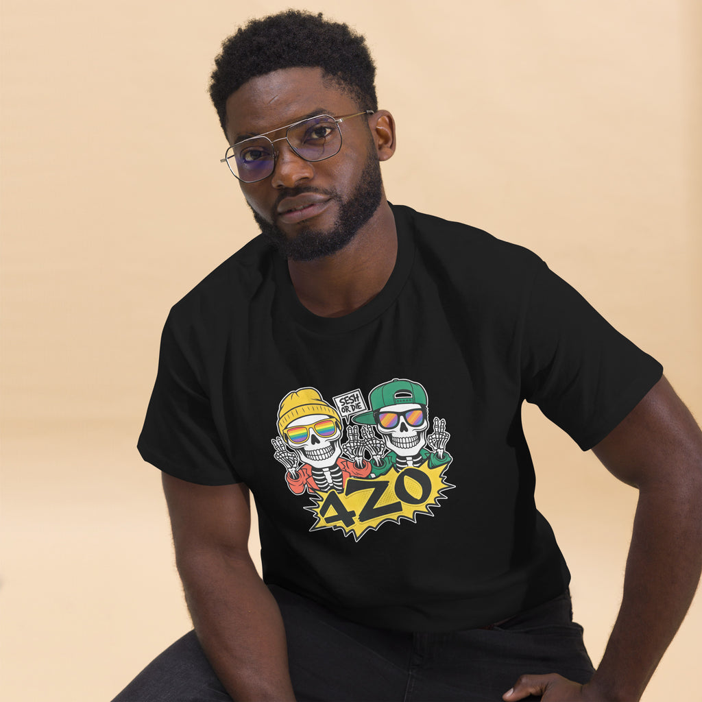 Sesh or Die Tee featuring a rebellious skeleton and chill vibes, perfect for creatives and 420 enthusiasts looking for bold streetwear.