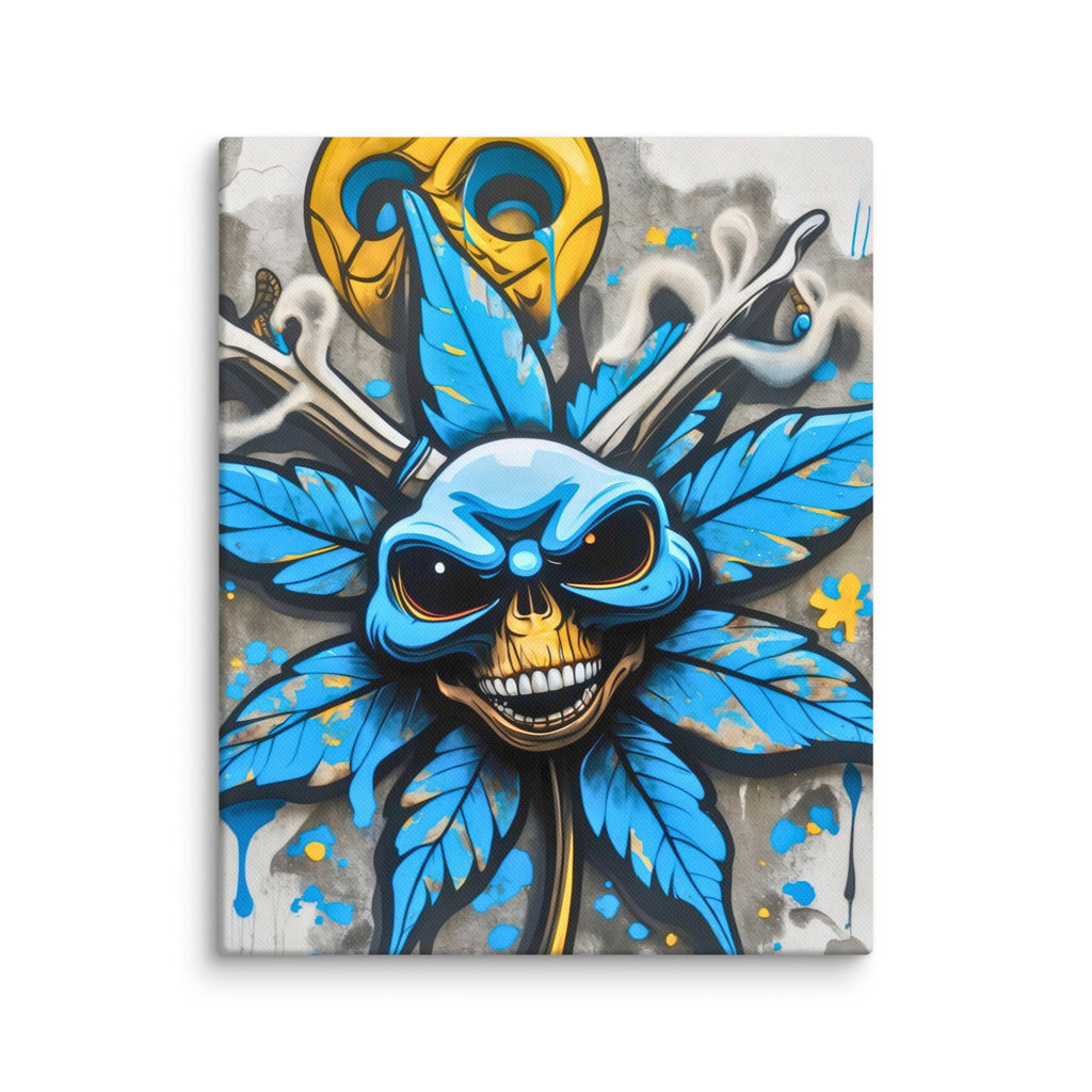 Sinister Bloom canvas art, featuring a skull, cannabis leaf, and graffiti style for a bold, edgy statement piece in any room.