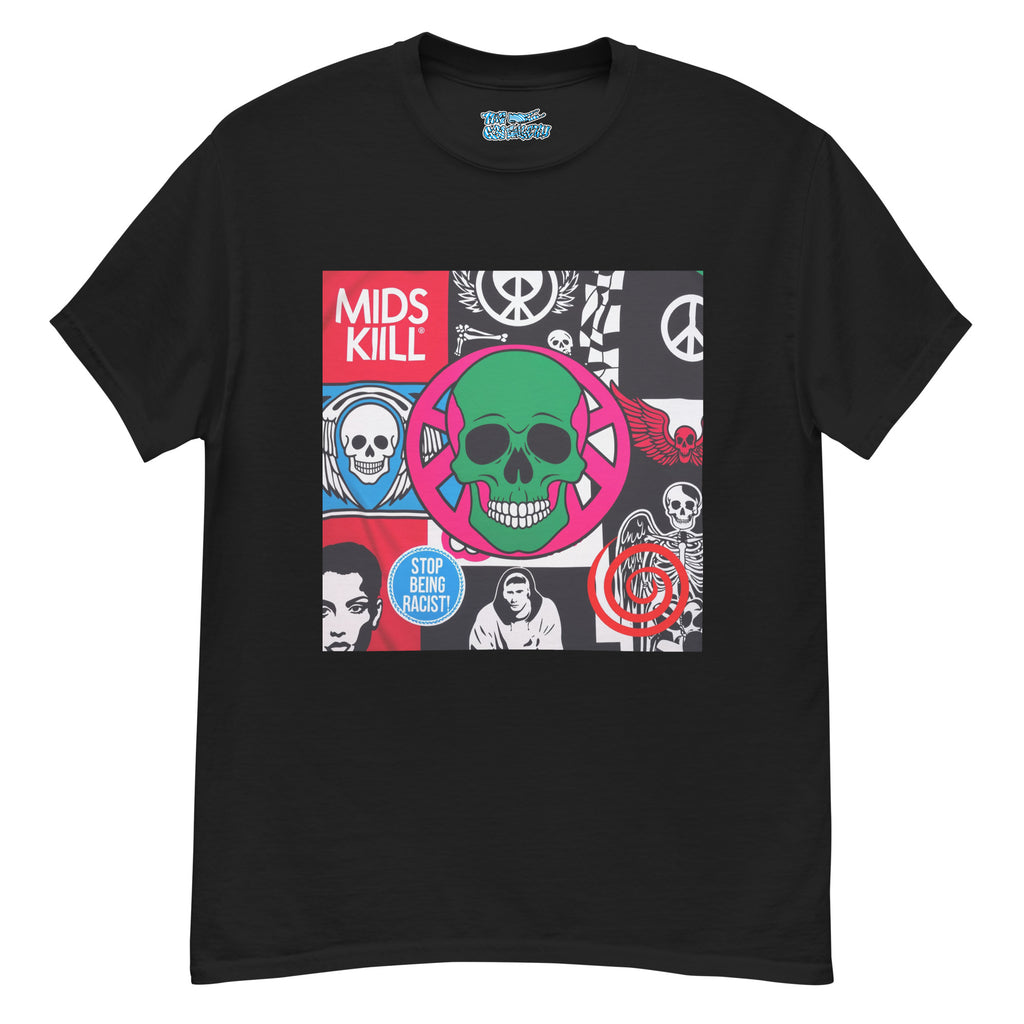 Mids Kill Tee featuring a bold skull and peace symbol design, perfect for those expressing rebellion, truth, and collective consciousness.