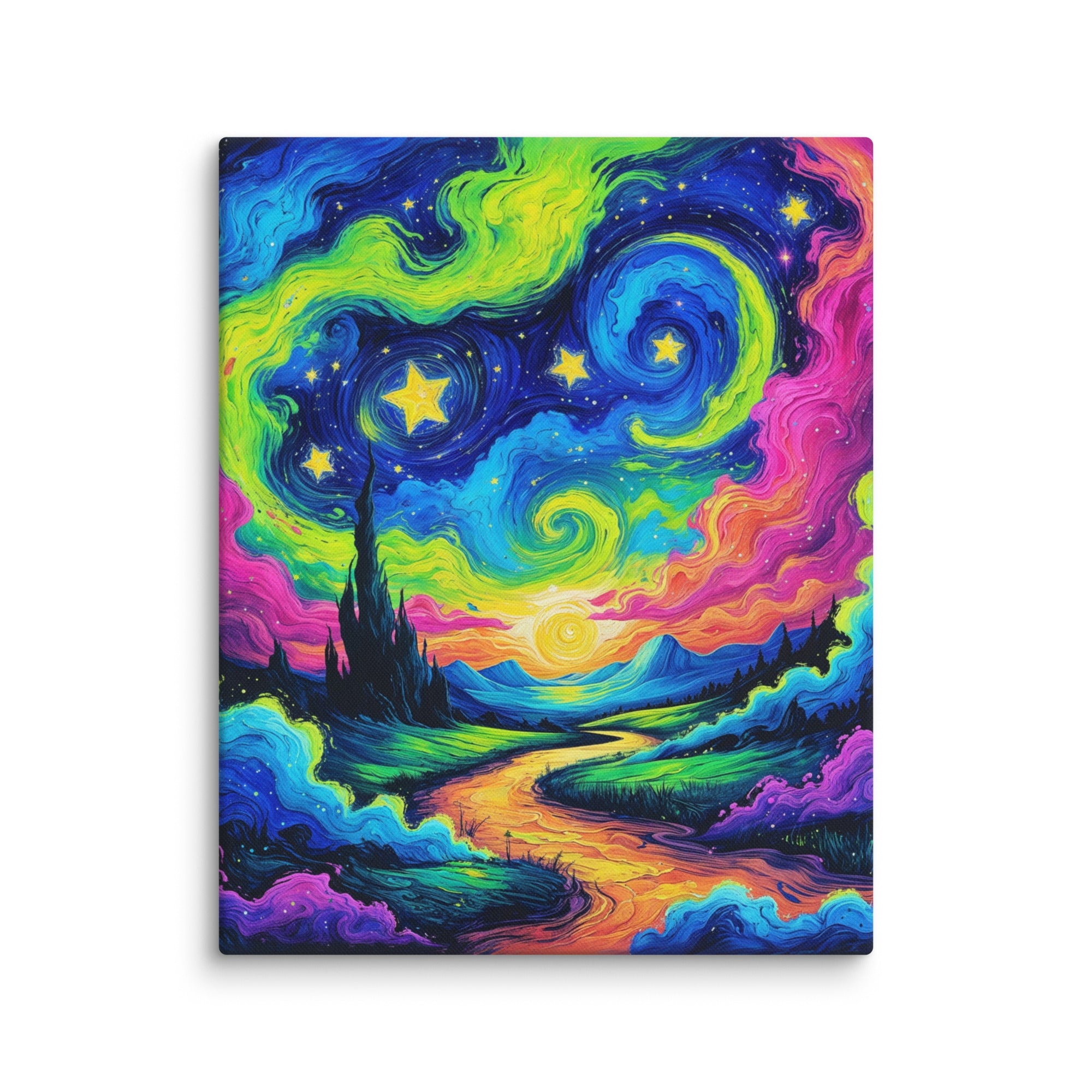 Mystic Skies canvas with a starry night and psychedelic twist, featuring vivid colors and cosmic vibes for a captivating room decor.