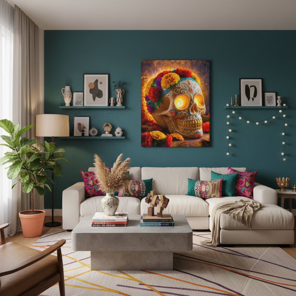 Living room with a colorful skull painting on the wall, a white sofa, and decorative elements. Sugar Skull canvas art displayed in vibrant living room