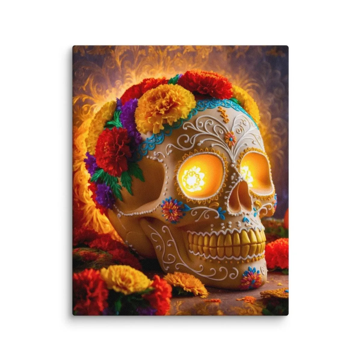 Sugar Skull canvas print with vibrant, fade-resistant design on durable poly-cotton canvas for home or office wall decor.