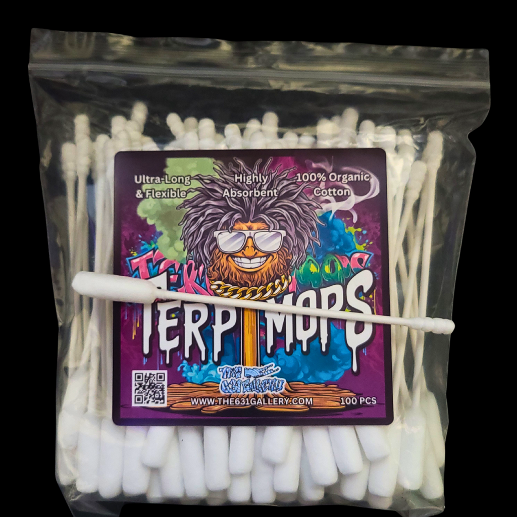 Terp Mops with extra-long cylindrical tip and spiral head, designed for cleaning quartz bangers, including Terp Slurpers, with precision and ease.