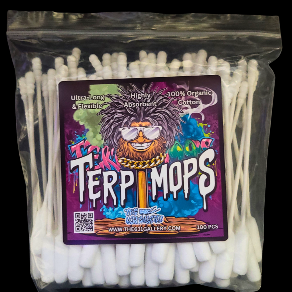Terp Mops cleaning swabs with a precision spiral head, designed for easy cleaning of quartz bangers, including Terp Slurpers, with a flexible stick.