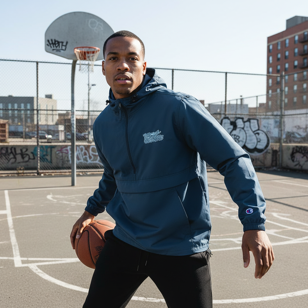 The 631 Gallery × Champion Packable Jacket Lifestyle - Long Island Basketball Court