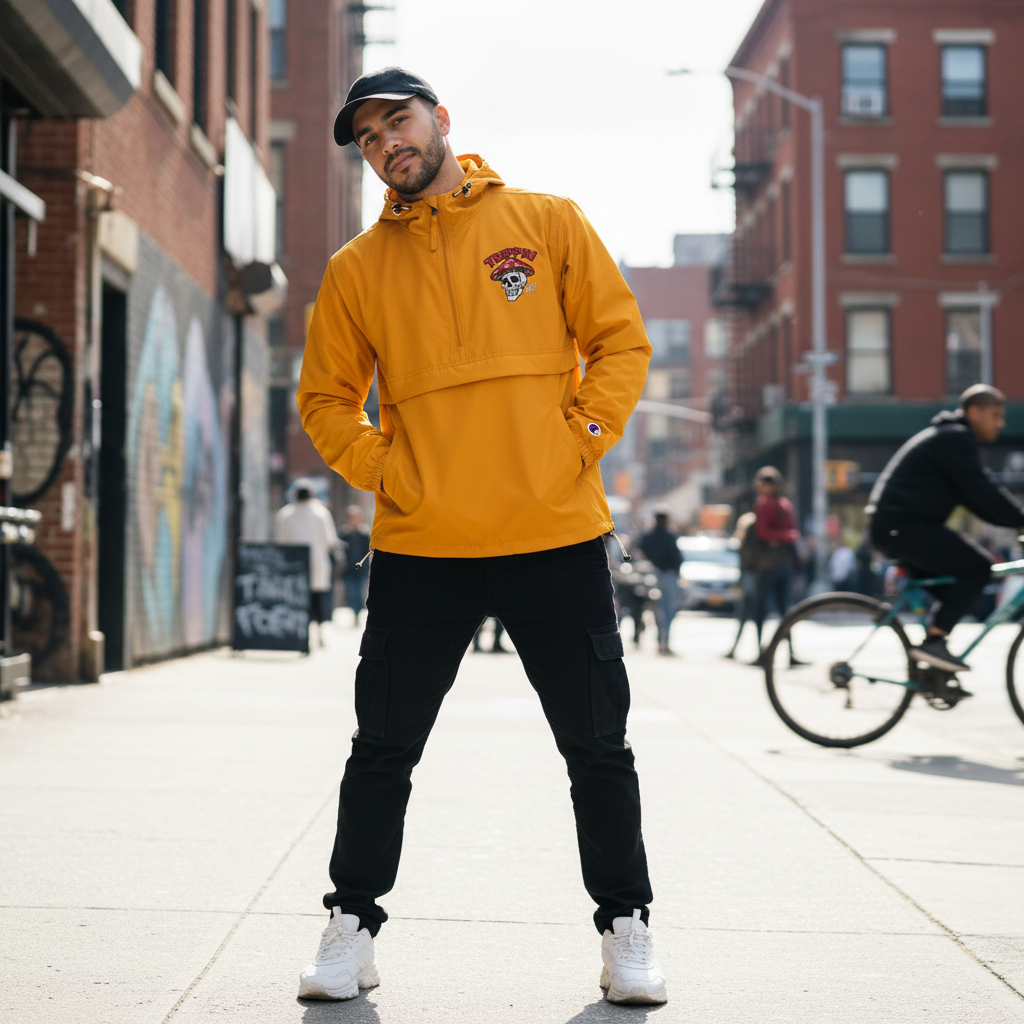 631 Gallery × Champion packable jacket in navy with Trippin embroidery, lightweight streetwear