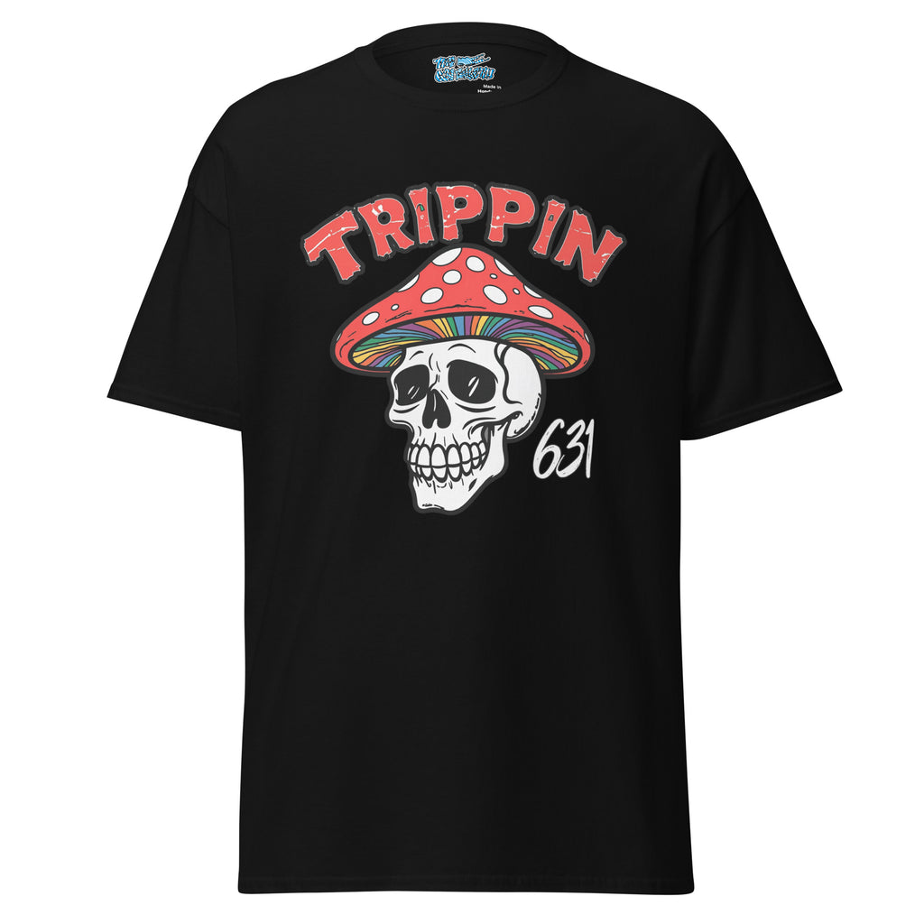 Psychedelic Trippin’ Skull graphic tee with colorful sonic waves, designed for music enthusiasts and festival lovers. Ideal for bold street style.