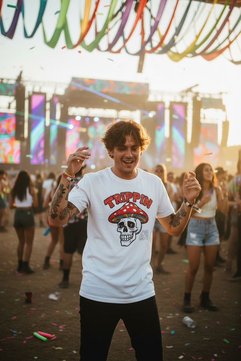 Person wearing Trippin' Skull Psychedelic Vibes graphic tee with vibrant colorful skull design at music festival, psychedelic streetwear lifestyle photography