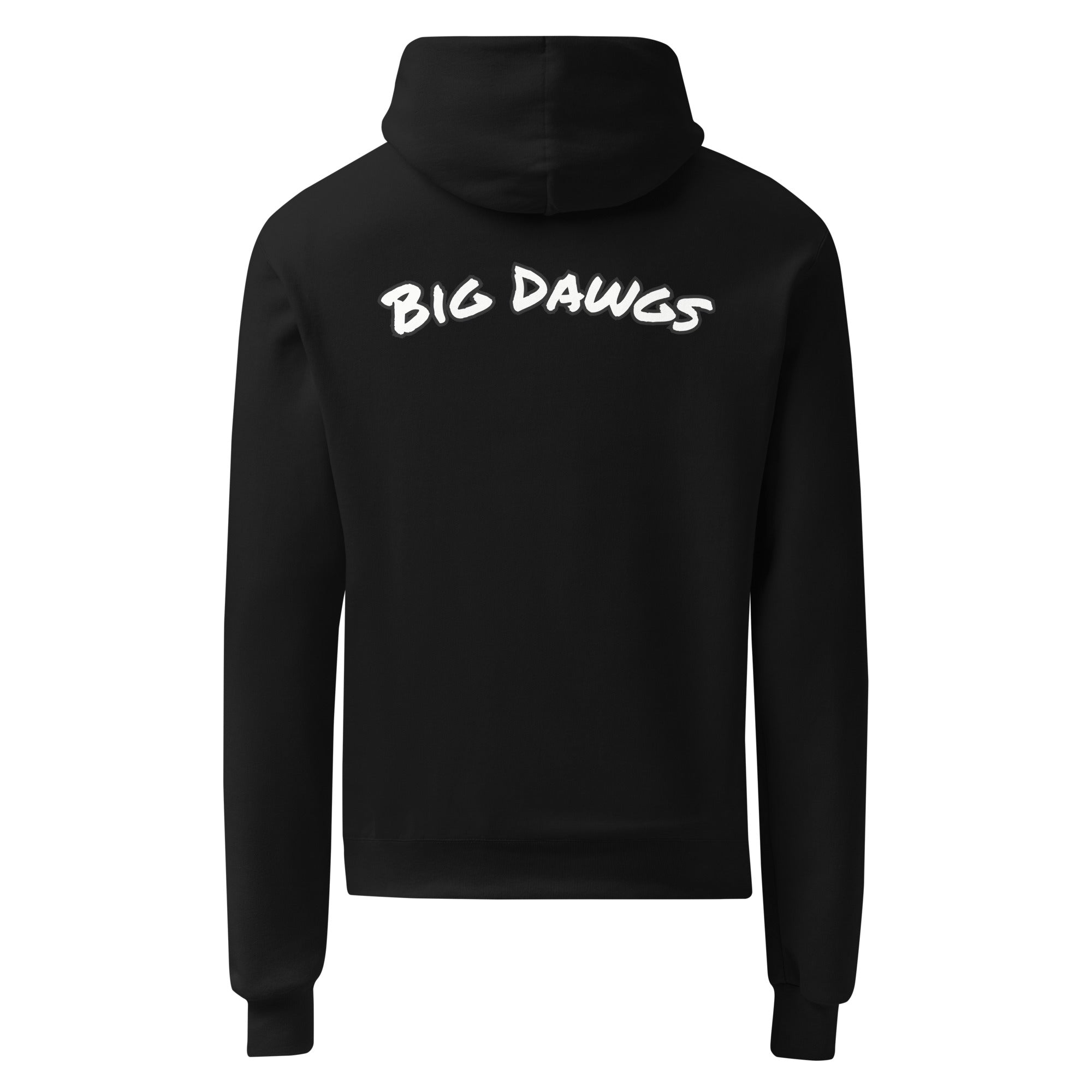 Black hoodie with 'BIG DAWGS' text on the back against a white background