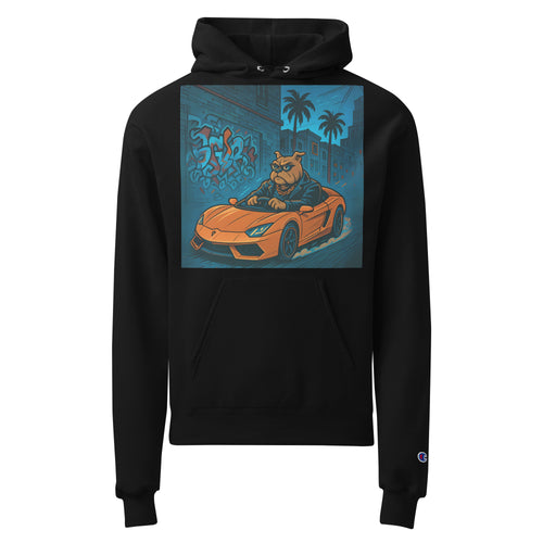 Black hoodie with a graphic of a bulldog driving a car on a white background