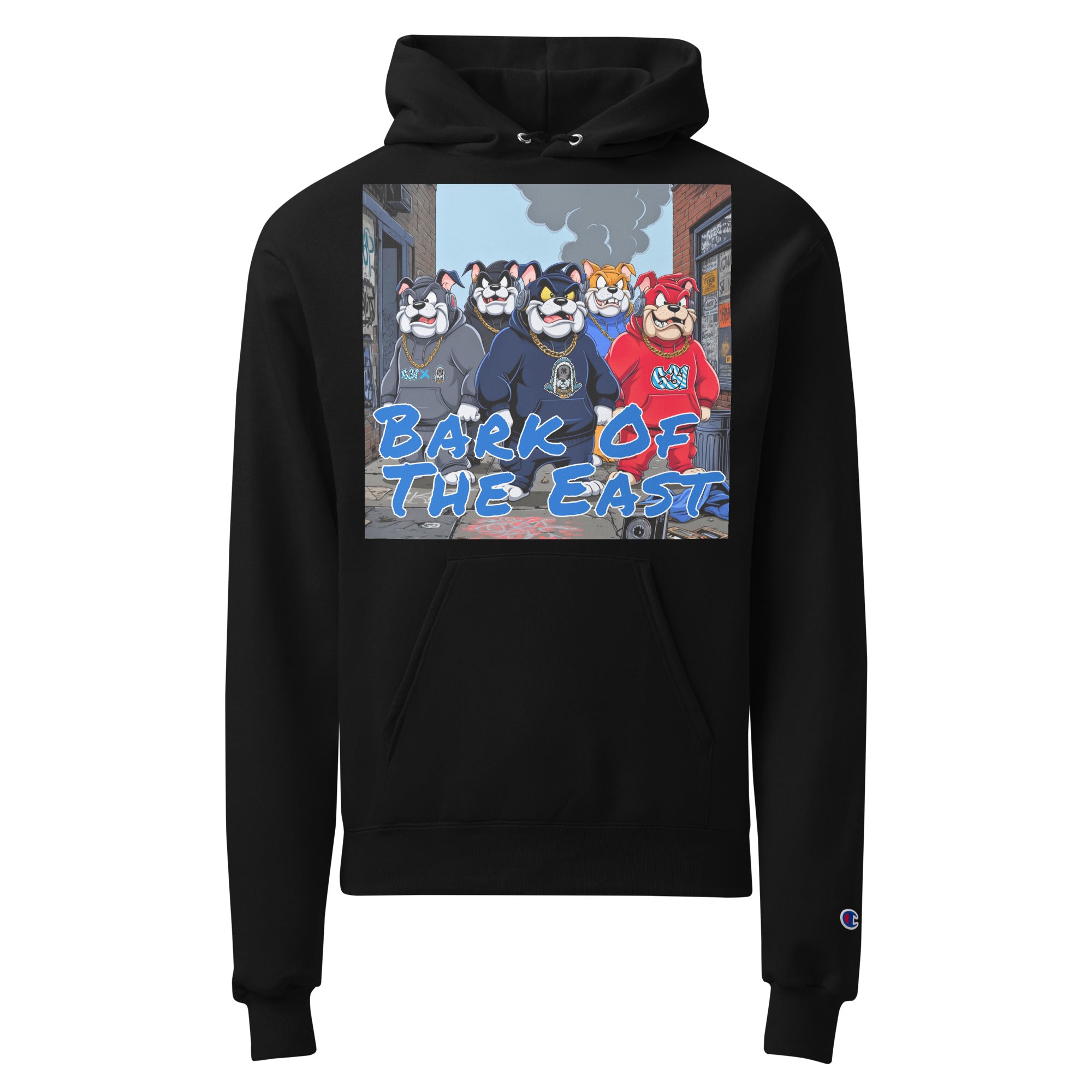 Black hoodie with 'Bark of the East' graphic on a white background