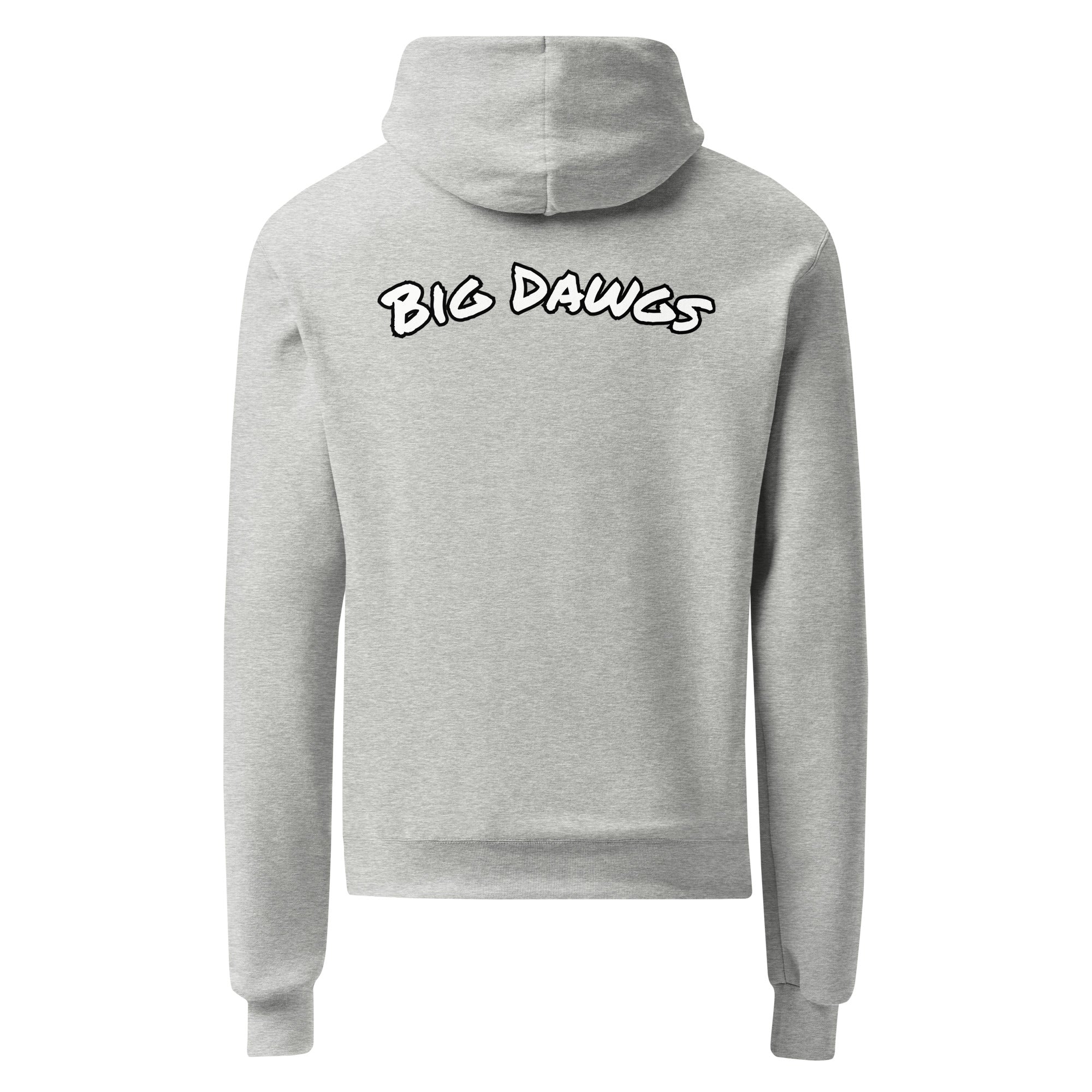 Gray hoodie with 'BIG DAWGS' text on the back against a white background