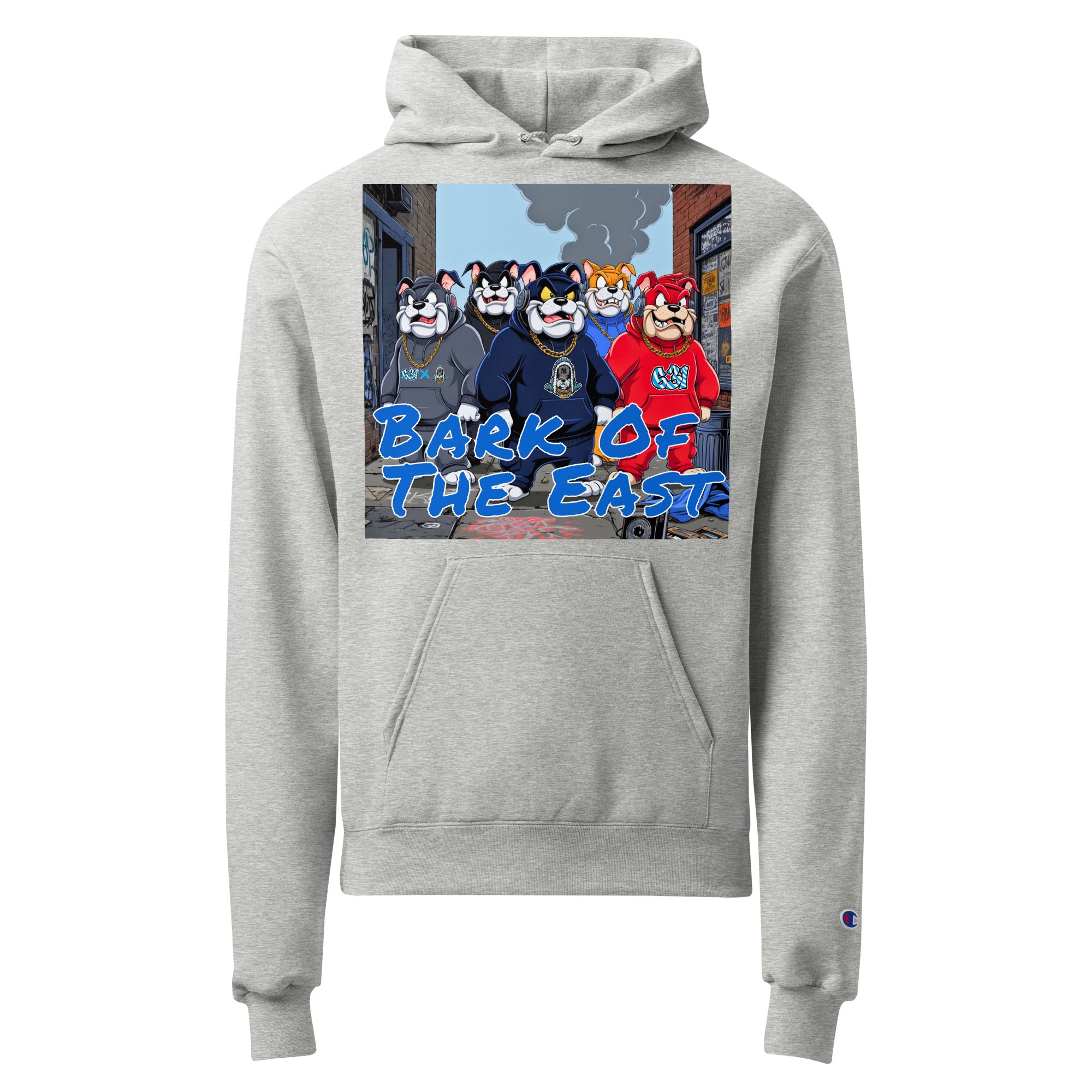 Gray hoodie with 'Bark of the East' graphic on a white background