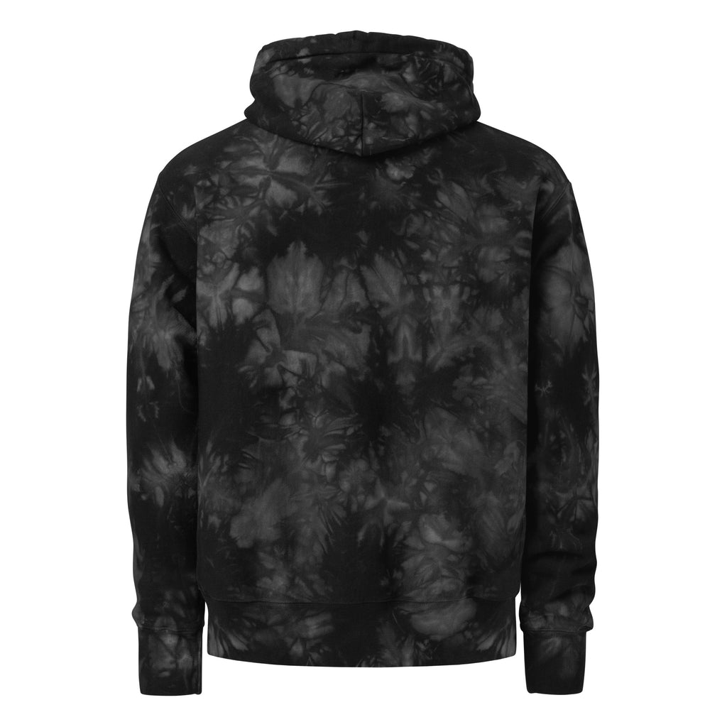 the 631 Gallery X Champion tie-dye hoodie in black back view, unique tie-dye pattern