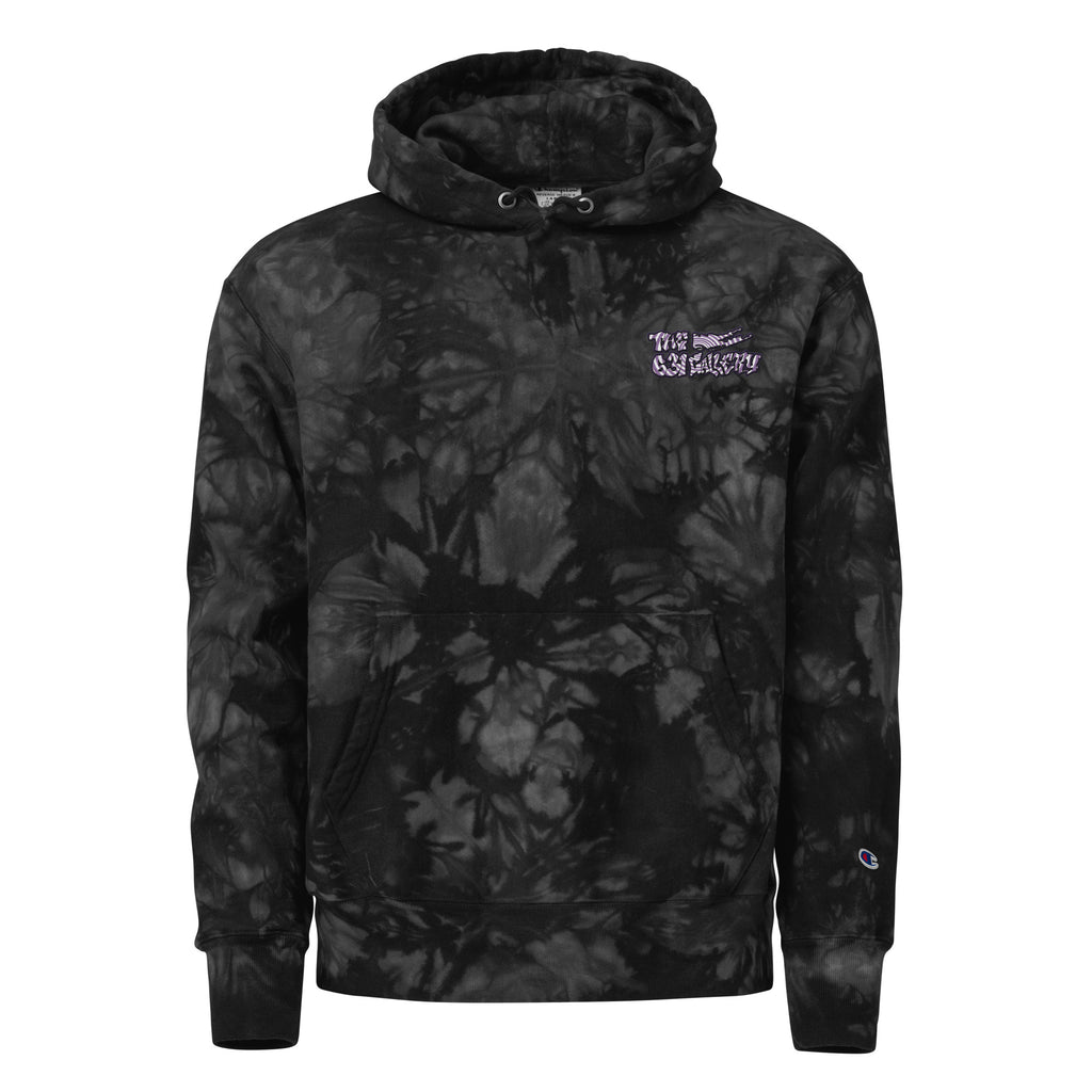 the 631 Gallery X Champion tie-dye hoodie in black front view, embroidered gallery logo premium streetwear
