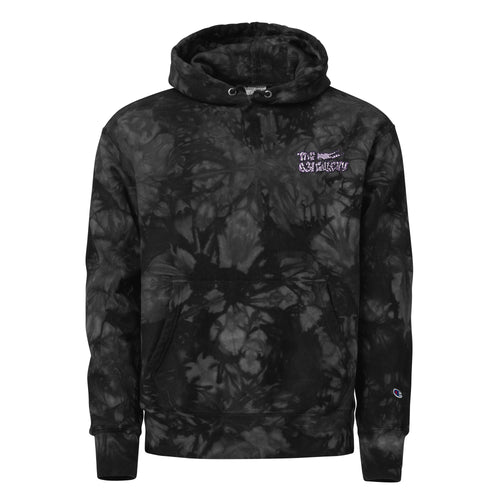 the 631 Gallery X Champion tie-dye hoodie in black front view, embroidered gallery logo premium streetwear