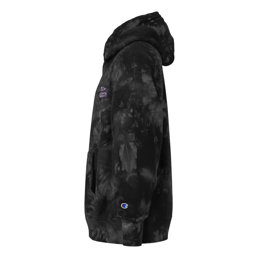 the 631 Gallery X Champion tie-dye hoodie in black left side view, Reverse Weave fleece