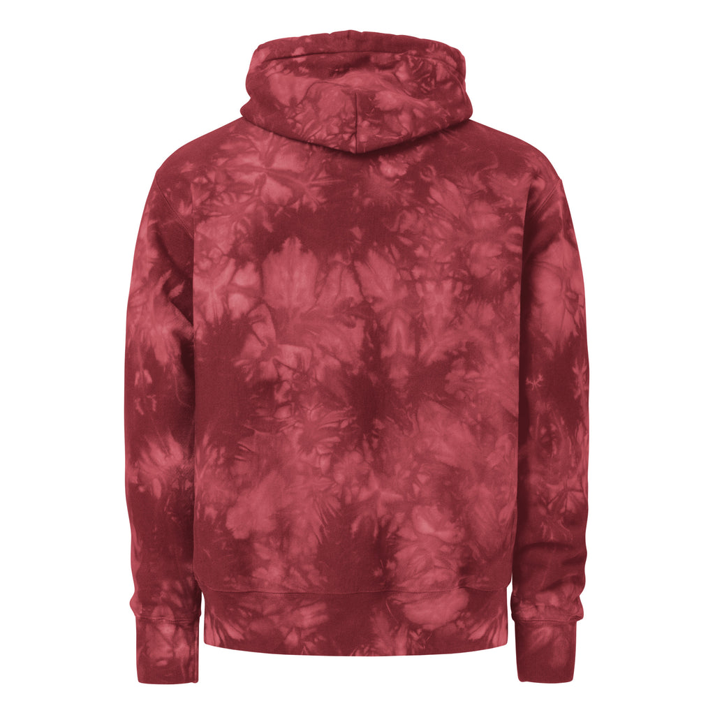 The 631 Gallery X Champion tie-dye hoodie in mulled berry back view, unique tie-dye pattern