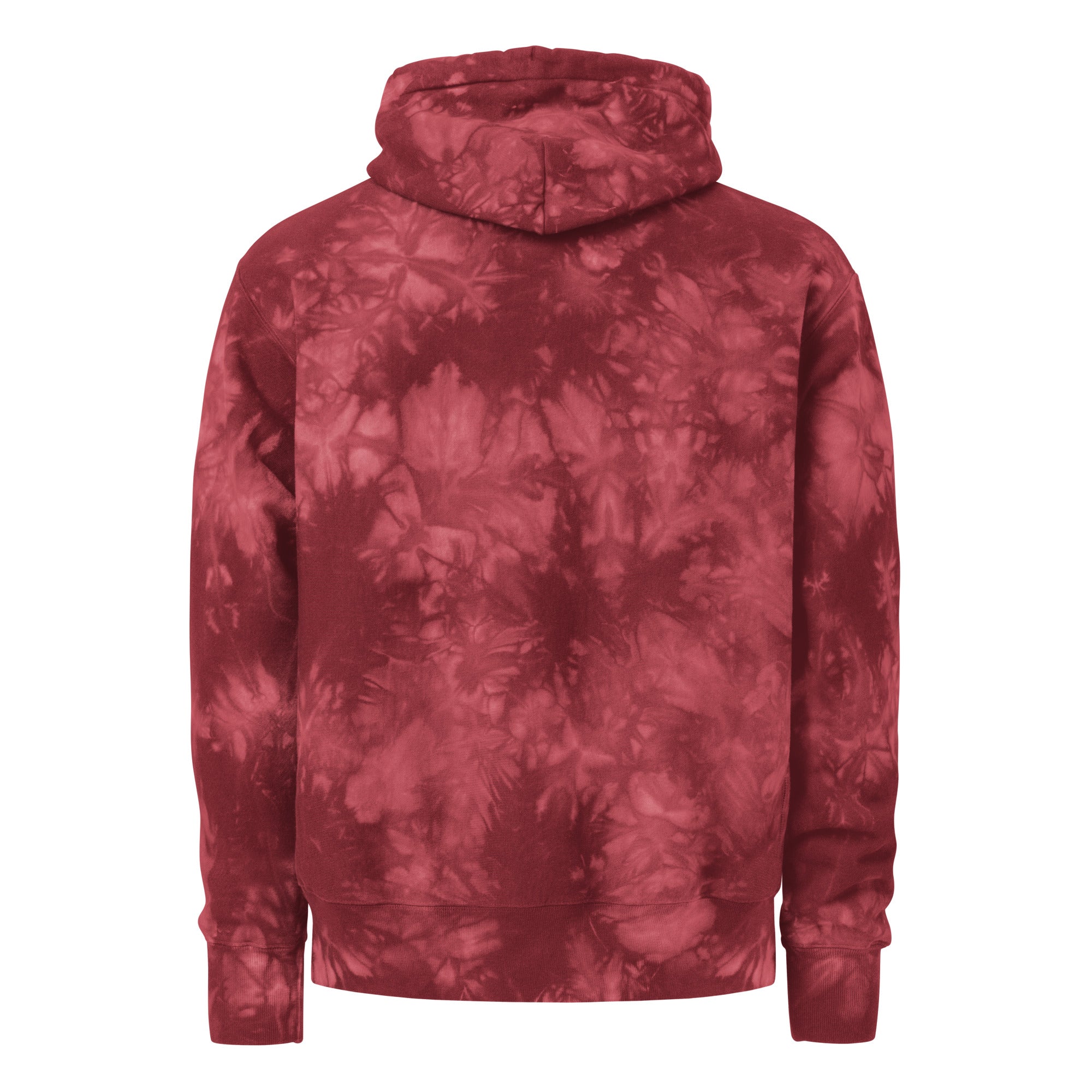 The 631 Gallery X Champion tie-dye hoodie in mulled berry back view, unique tie-dye pattern
