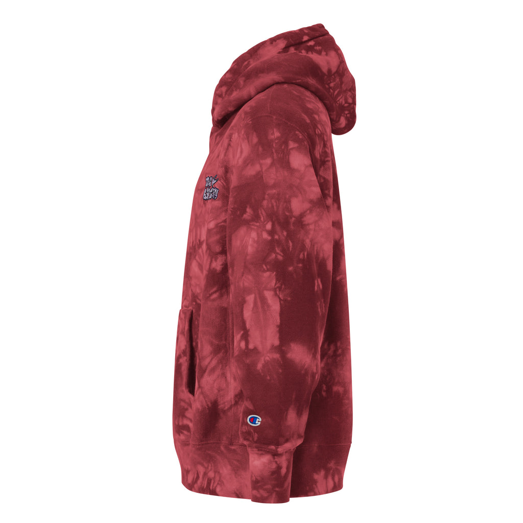 The 631 Gallery X Champion tie-dye hoodie in mulled berry left side view, Reverse Weave