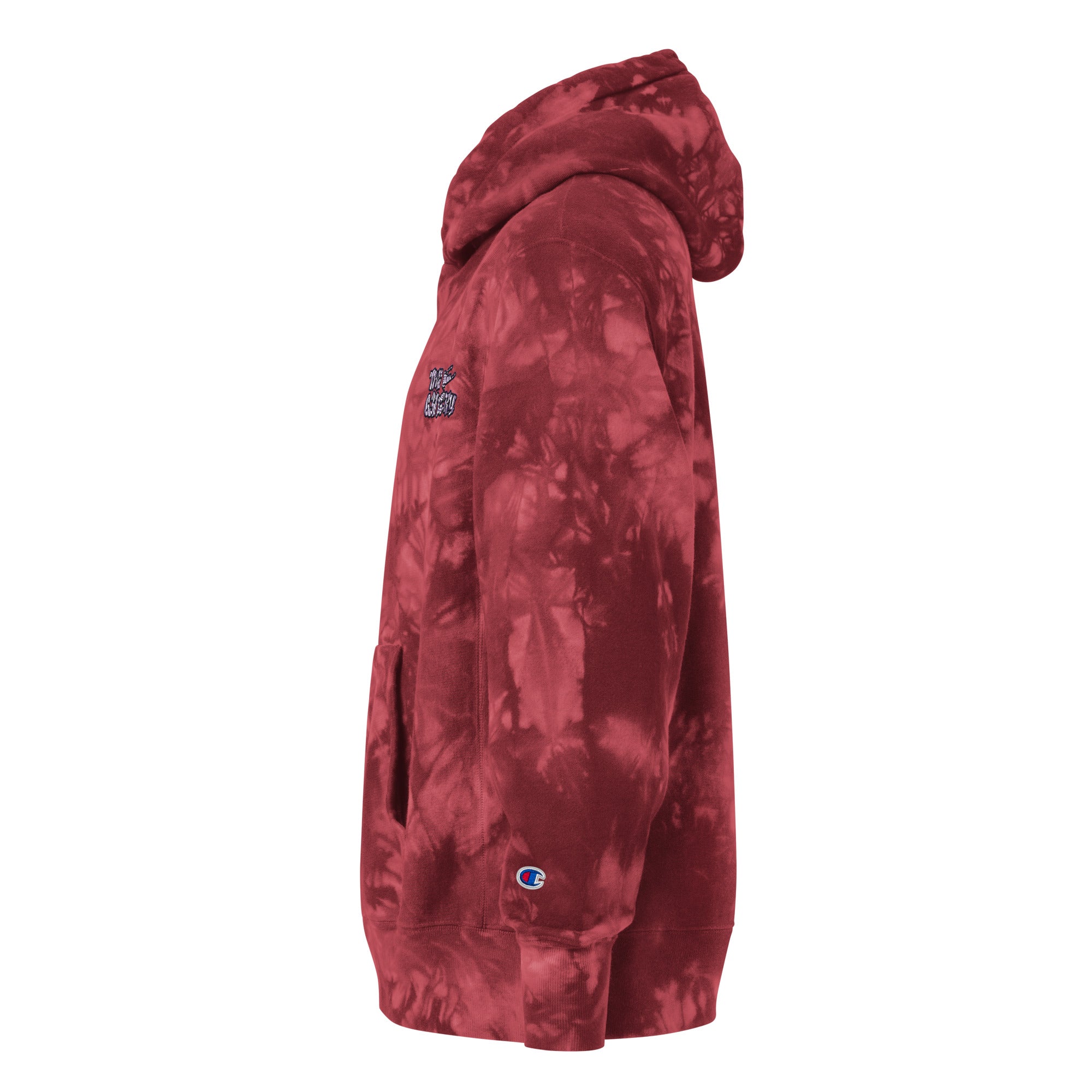 The 631 Gallery X Champion tie-dye hoodie in mulled berry left side view, Reverse Weave
