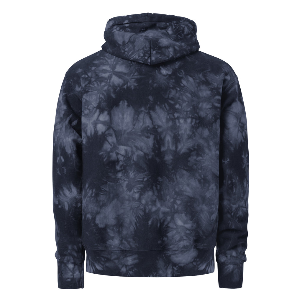 the 631 Gallery X Champion tie-dye hoodie in navy back view, unique tie-dye design