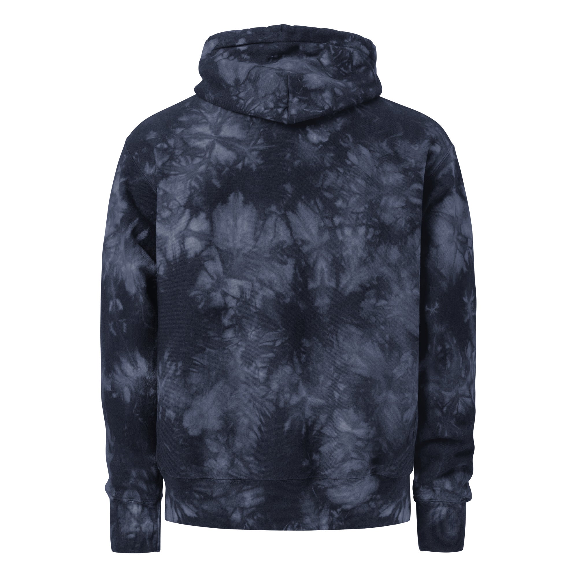 the 631 Gallery X Champion tie-dye hoodie in navy back view, unique tie-dye design