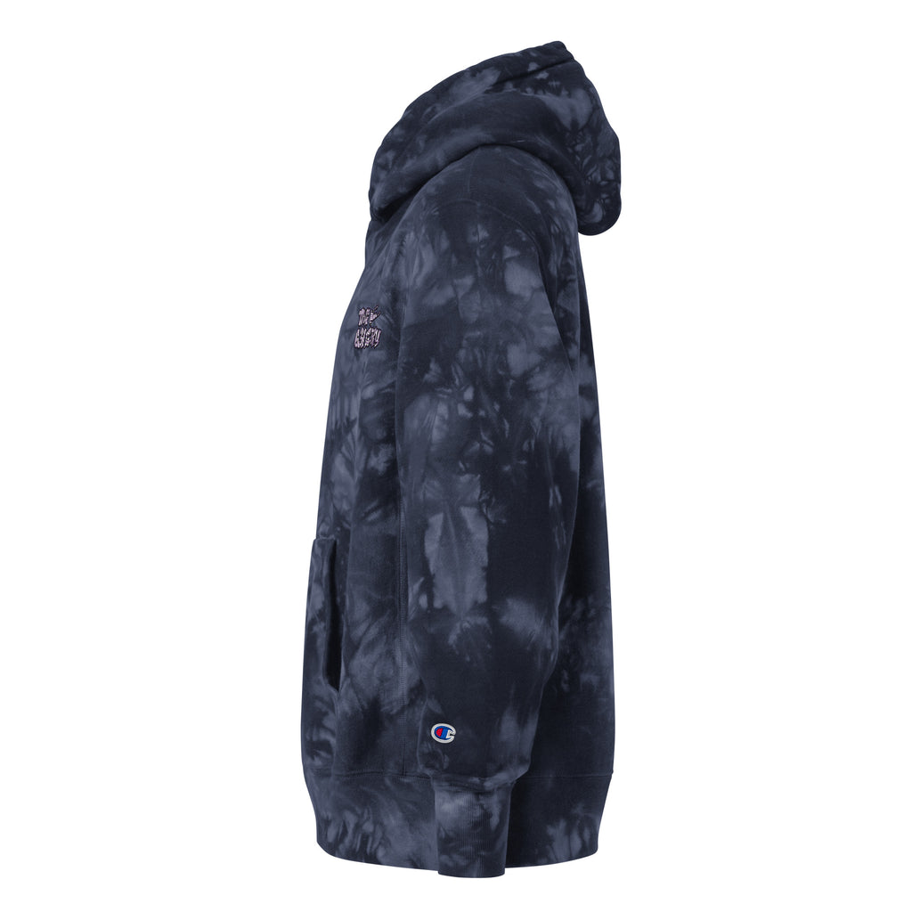 The 631 Gallery X Champion tie-dye hoodie in navy left side view, premium fleece hoodie