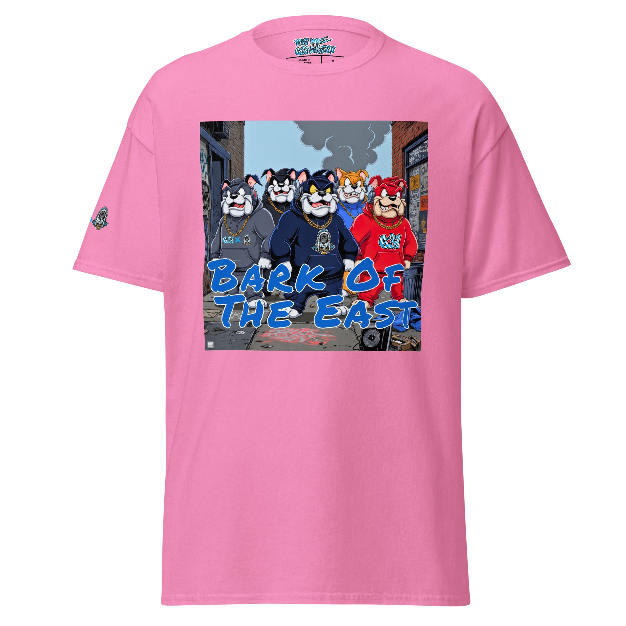 Pink t-shirt with cartoon characters and 'Bark of the East' text on a white background