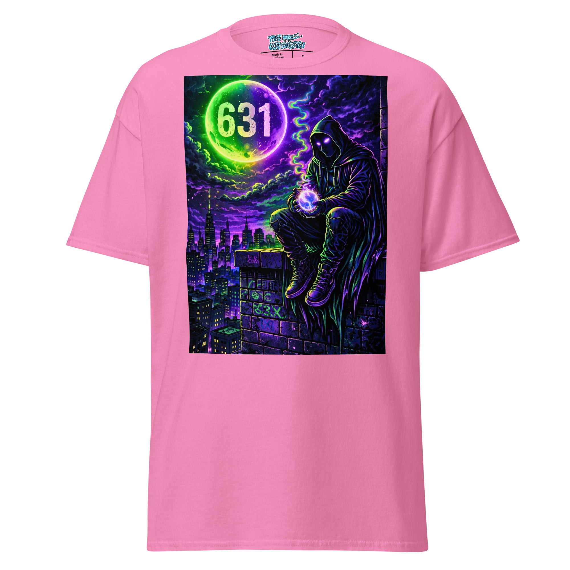 A pink short-sleeve t-shirt with a large graphic print on the front, featuring a hooded figure holding a glowing orb over a neon-lit cityscape under a purple sky with the number 631.